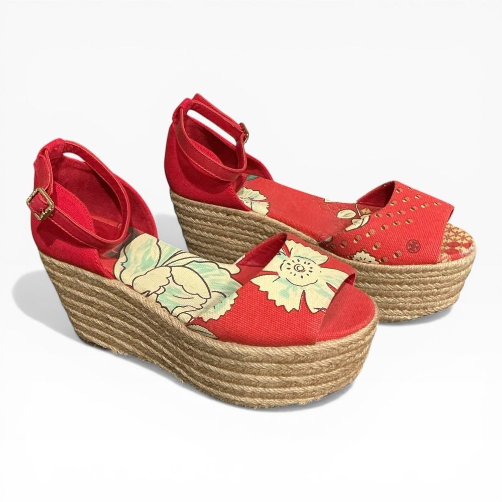 TORY BURCH Sherri Espadrille Platform Sandals Womens 8 Red Cream Floral Print